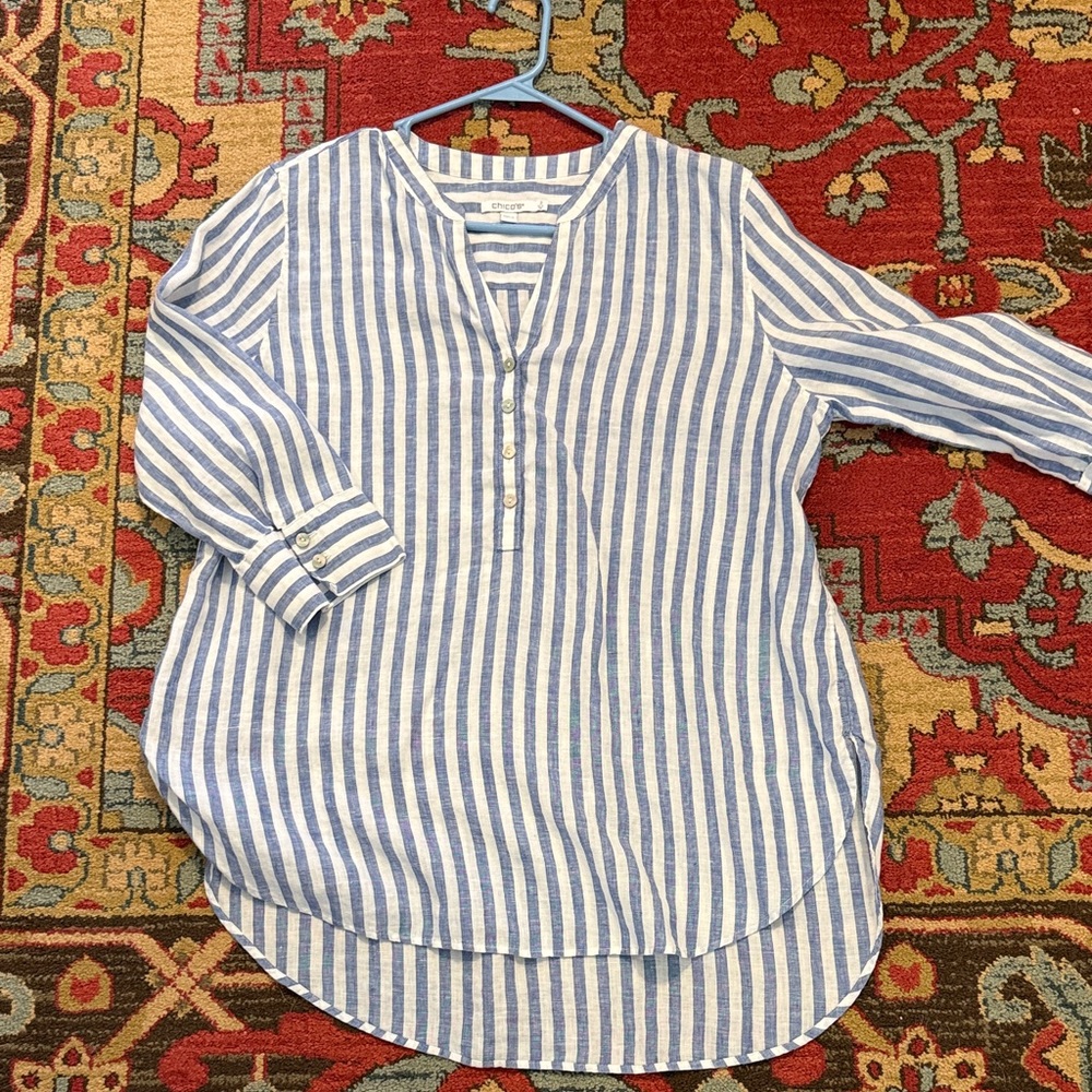 Chico’s Boutique Blue and White Linen Striped Blouse